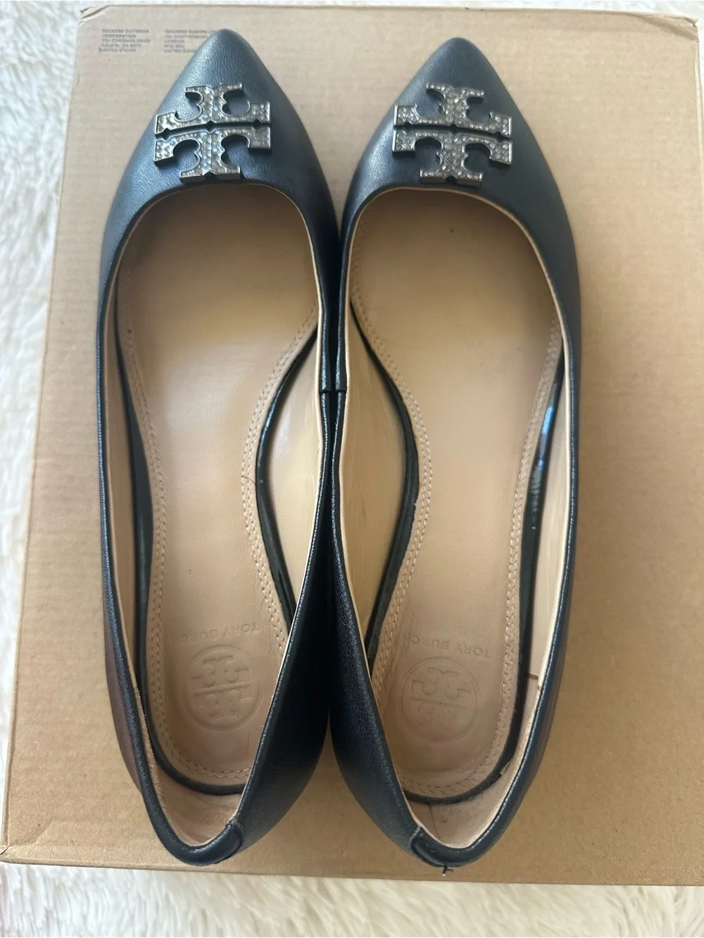 Tory Burch Pointed Toe Leather Flats Black Crystal Double T Logo Women’s Size 8